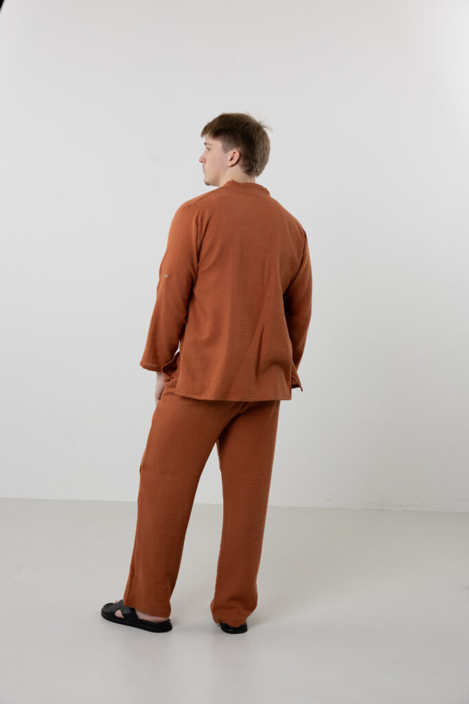 Men's double-layer muslin set; sustainable mandarin collar shirt and pants for all-season resort wear and comfort
