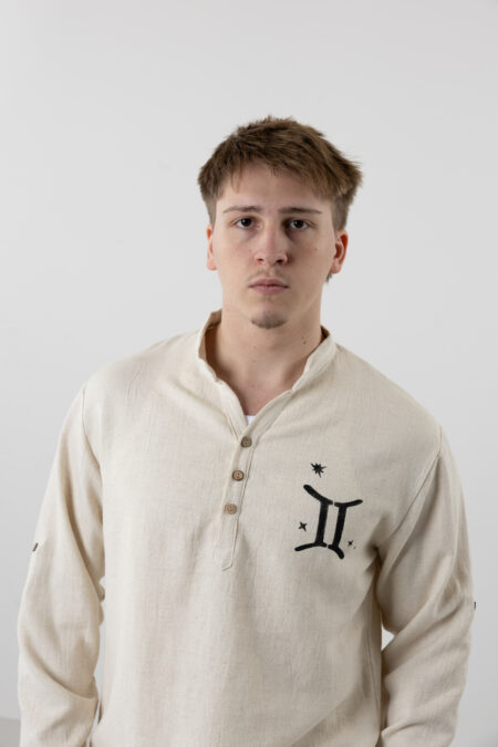Men’s natural cream Henley linen-cotton shirt with hand-painted Gemini zodiac motifs.