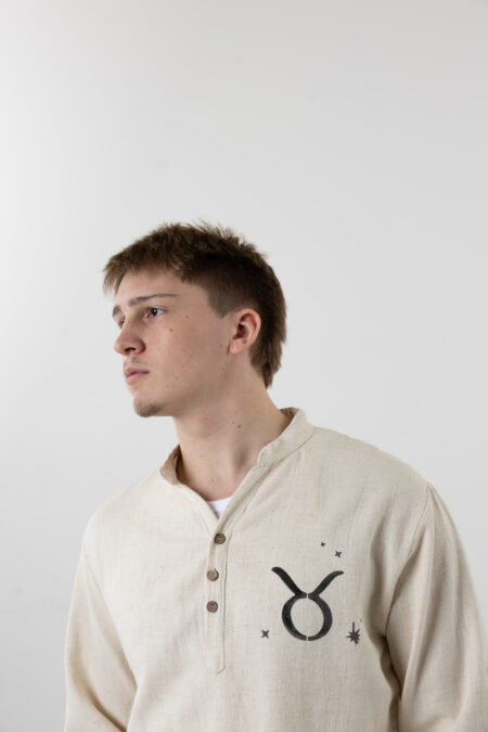 Men’s natural cream Henley linen-cotton shirt with hand-painted Taurus zodiac design.