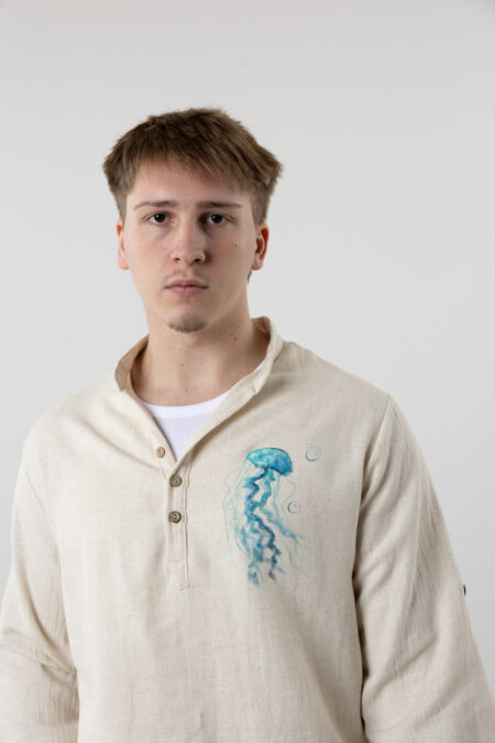 Men’s Henley linen-cotton shirt in natural cream with hand-painted jellyfish design.