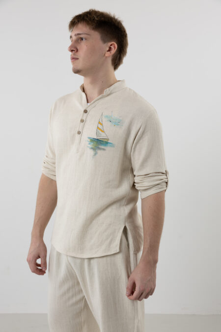 Men’s Henley linen-cotton shirt in natural cream with hand-painted sail boat design.