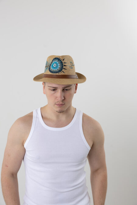Men’s summer straw fedora hat with hand-painted Lucky Eye pattern.