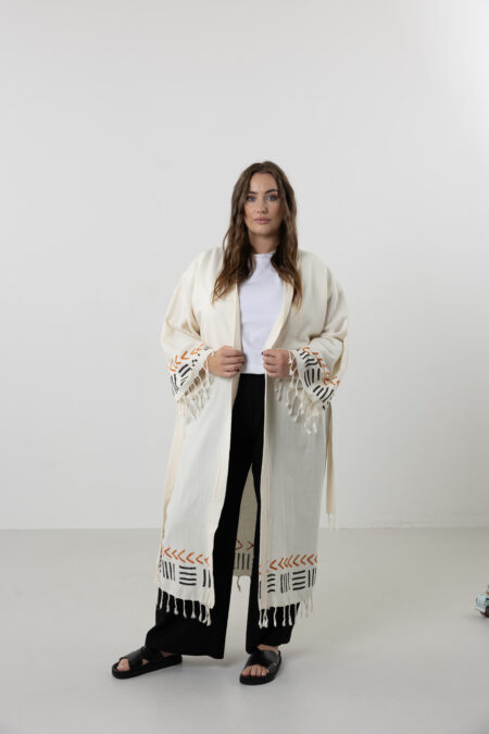 Minimalist cream 100% cotton long kimono with brown woodblock print.