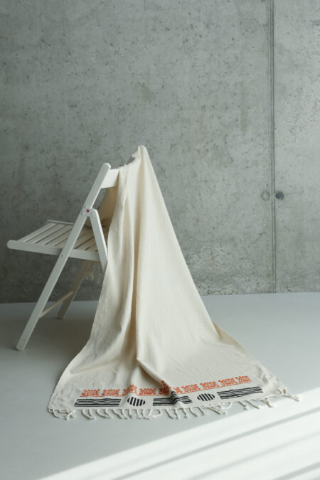 Natural cream linen peshtemal with brown wood block printed patterns