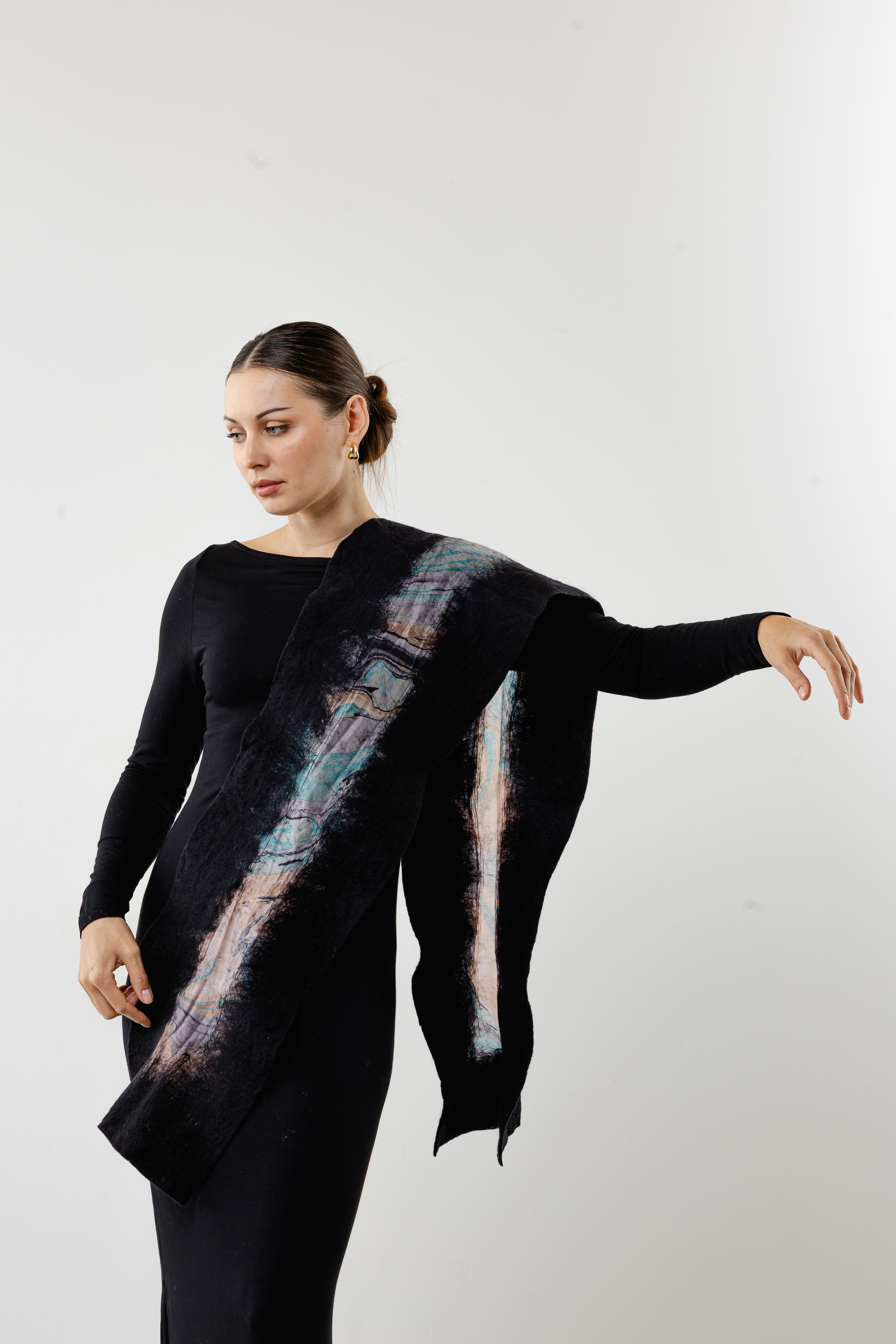 Luminous sheen of handcrafted black wearable art silk shawl