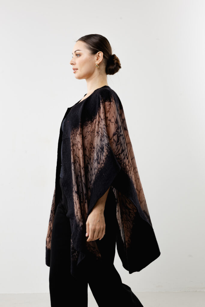 Hand-painted black luxury silk poncho - Night Elegance collection