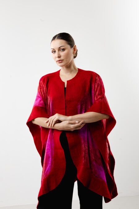 Hand-painted ruby red luxury silk poncho - Ruby Elegance collection