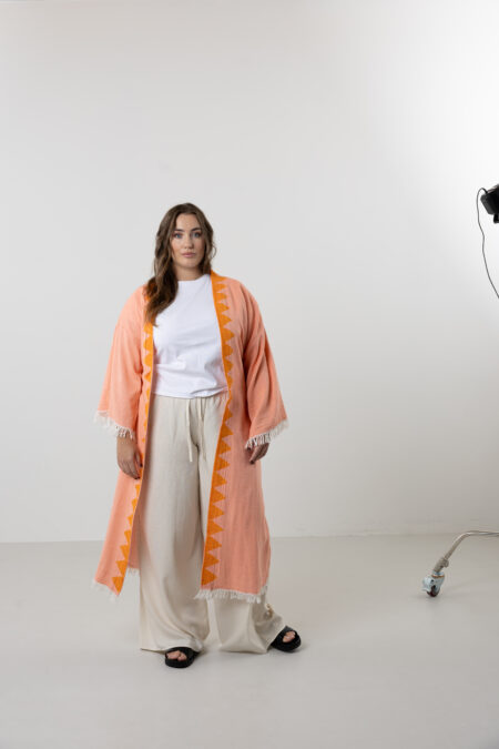 Women’s Salmon Zigzag Artisanal Kimono made from 100% natural cotton.