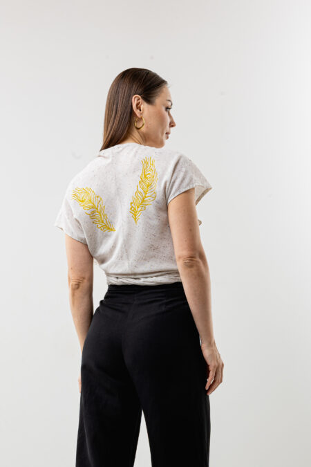 Speckled linen wrap tie-front crop blouse; hand-printed woodblock design, sustainable bohemian top for resort wear and summer travel.