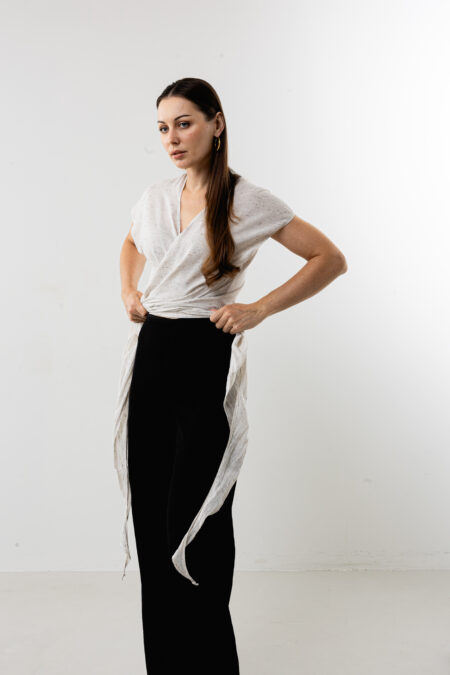 Speckled linen wrap tie-front crop blouse; hand-printed woodblock design, sustainable bohemian top for resort wear and summer travel.