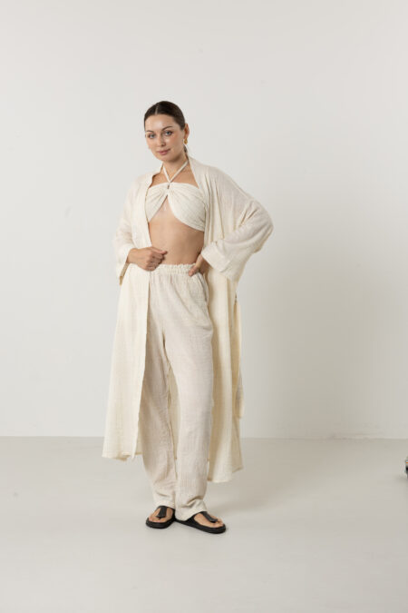 Full-length view of the Starlight silk long kimono in a luxurious silk-cotton blend.