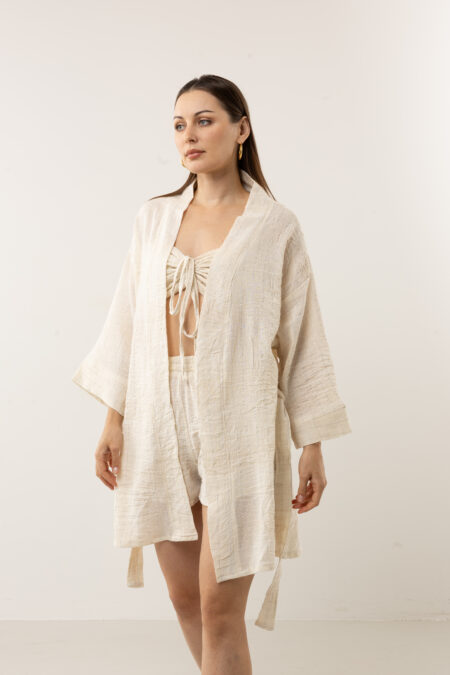 Front view of the Starlight silk short kimono in a natural cream silk-cotton blend.