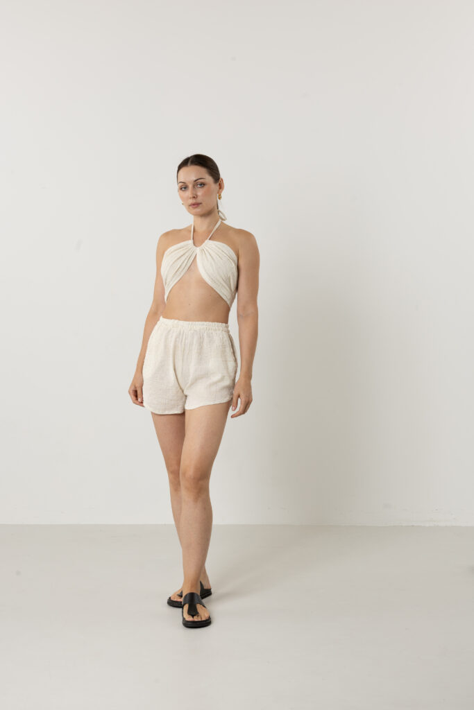 Women’s Starlight silk shorts and bustier set in a premium cream silk-cotton blend.