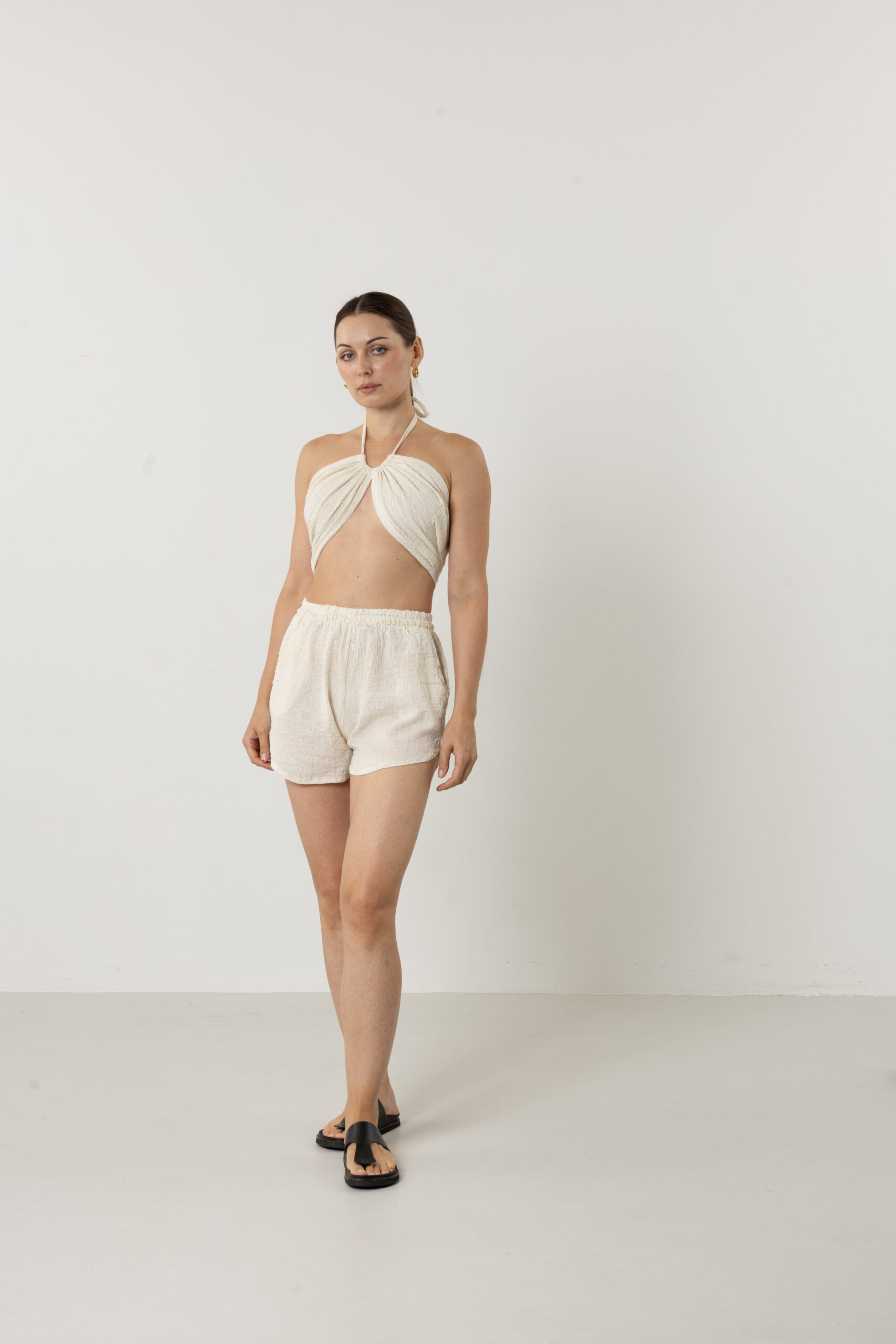 Women’s Starlight silk shorts and bustier set in a premium cream silk-cotton blend.