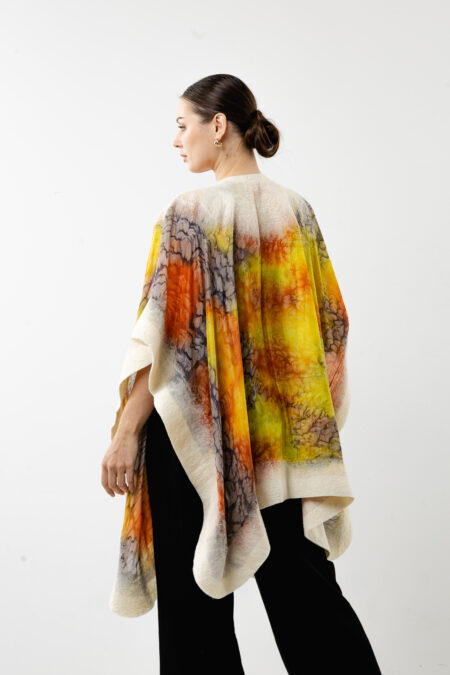 Nuno felted gold wool on premium yellow silk poncho - Silk-felt fusion