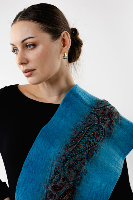 Intricate Nuno felted texture on premium turquoise silk - Silk-felt fusion