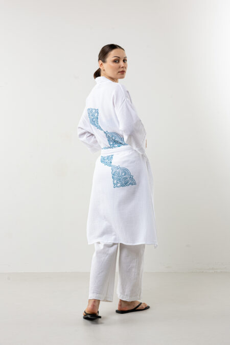 Turquoise semi-mandala hand-printed muslin kimono; handcrafted white long tunic for beach, spa, and all-season loungewear.