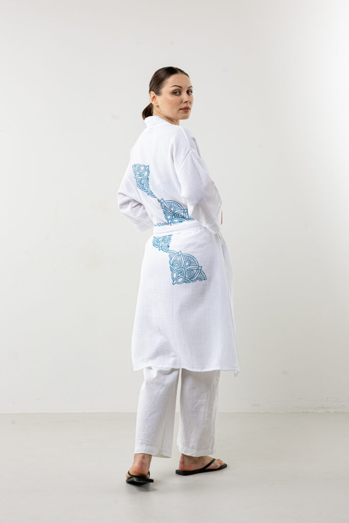 Turquoise semi-mandala hand-printed muslin kimono; handcrafted white long tunic for beach, spa, and all-season loungewear.