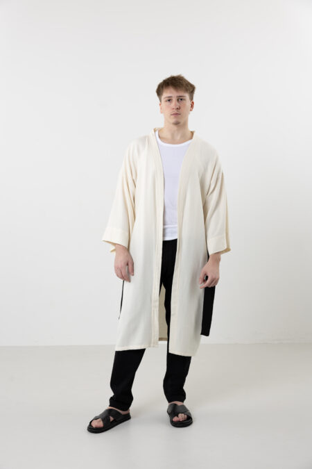 Unique hand-painted zodiac sign natural cotton long kimono; unisex artisanal black and cream duster for sustainable bohemian style and mystical loungewear.