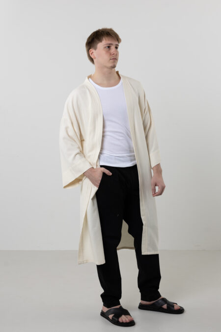 Unique hand-painted zodiac sign natural cotton long kimono; unisex artisanal black and cream duster for sustainable bohemian style and mystical loungewear.