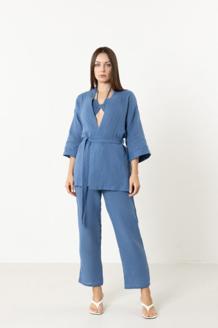 Women's double-layer muslin set; short kimono jacket and straight-leg pants for sustainable resort wear, travel, and all-season comfort.