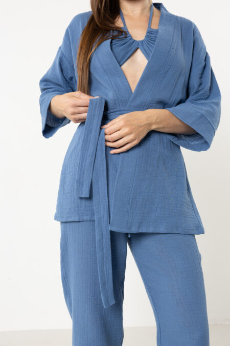 Women's double-layer muslin set; short kimono jacket and straight-leg pants for sustainable resort wear, travel, and all-season comfort.