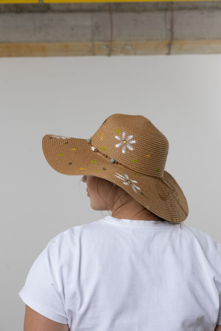 Close-up of hand-painted butterflies and flowers on a women's straw hat.