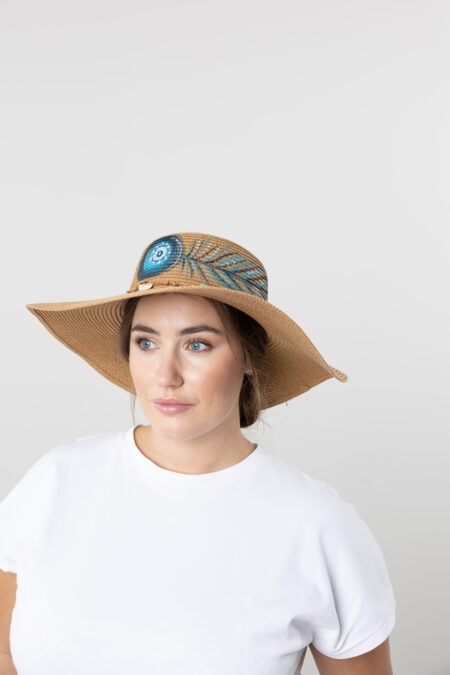 Women’s summer straw hat with hand-painted good luck charm patterns.