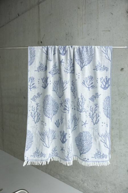 Close-up of coral weave detail on premium Turkish peshtemal